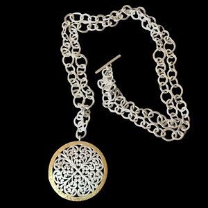 LOIS HILL Sterling Silver Two Tone Pendant w/ Yellow Gold Trim Toggle Necklace